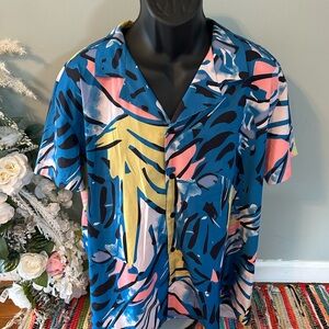 Hawaiian Tropical Button Up Flower Aloha Shirt Geometric Pattern Vintage 2XL